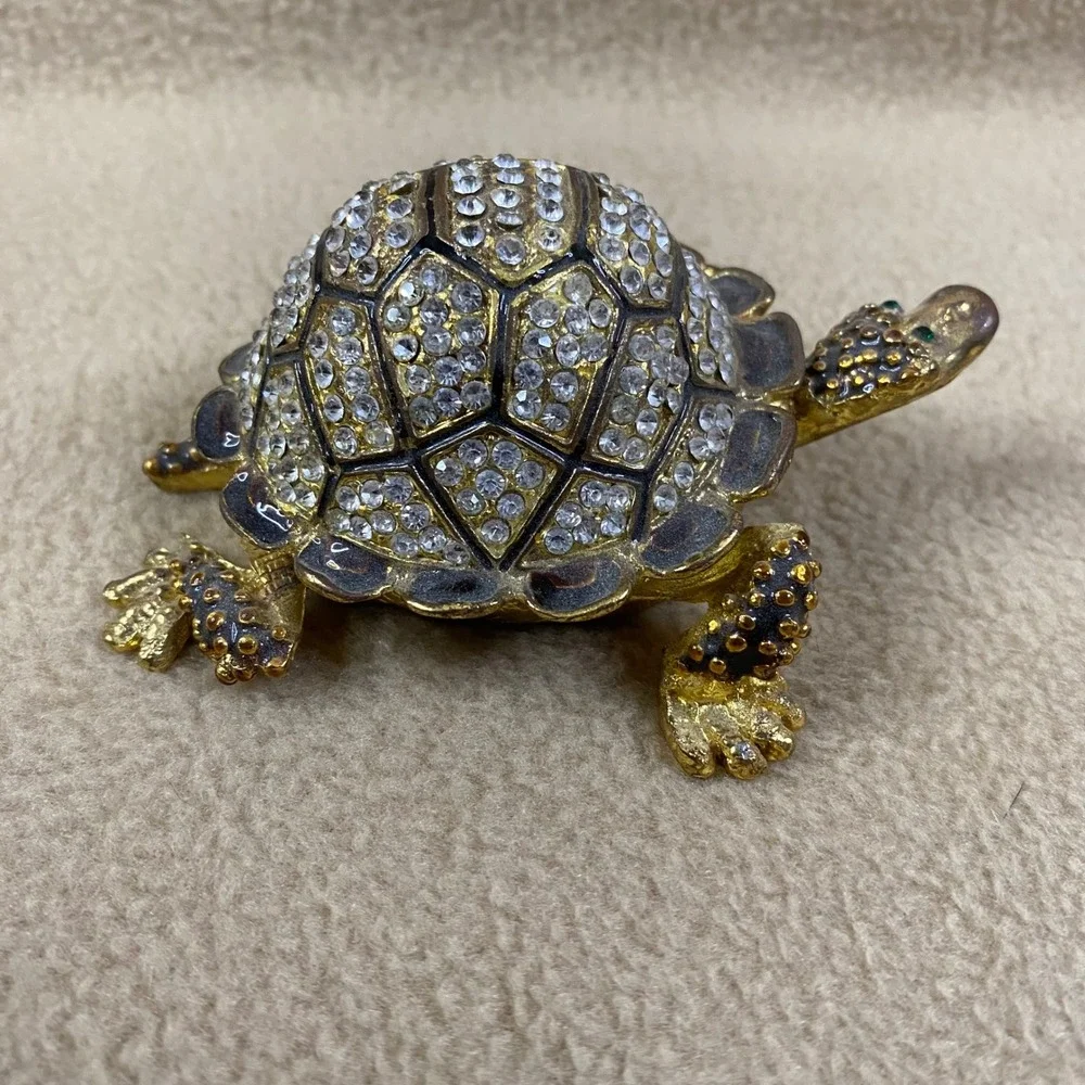 Sparkling Crystal Turtle Jewelry Trinket Box Hinged Gold Tone Enamel Gem Eye New